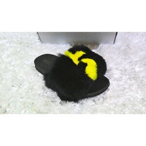 Iris C yellow and black Faux fur slide sandals